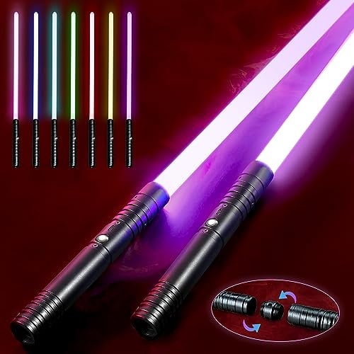 Laserschwert Kinder und Erwachsene - Lichtschwert 2er Set | USB Wiederaufladbares Doppel Leuchtschwert | Doppelklingen Lichtschwerter mit 15 Farben & Soundeffekten | Schwert mit Schwarzem Metallgriff