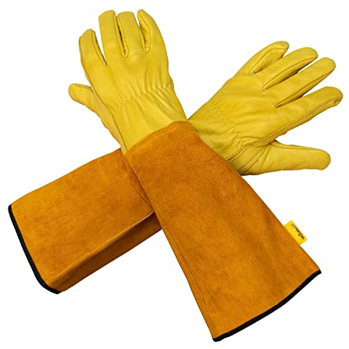 Woodside Leather Gauntlet Gardening Gloves, Heavy Duty Thorn Proof Cowhide Glove Sleeves for Men & Women - LARGE