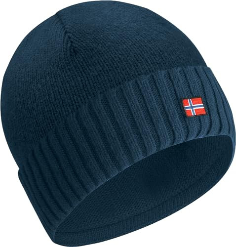 ACE NorwayBonnet d'hiver - Bonnet tricoté sur Laine de Mouton pour Adultes - Bonnet en Laine pour Femmes & Hommes - Bleu foncé