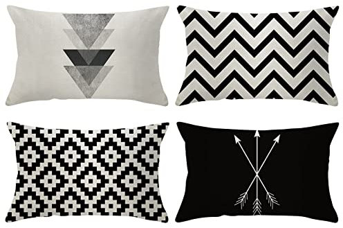 Kissenbezüge Schwarz, Pillow Cover Modern Weiß Nordisch Geometrisch 30x50cm Leinen Kissenhülle 4er Set für Sofa Couch Bett