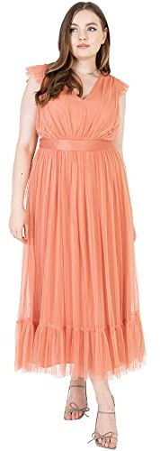 Anaya with Love Ladies Midaxi Dress for Women V Neckline Sleeveless Frilly for Wedding Guest Bridesmaid Prom Long High Empire Waist Tiered Coral Pink Size 14