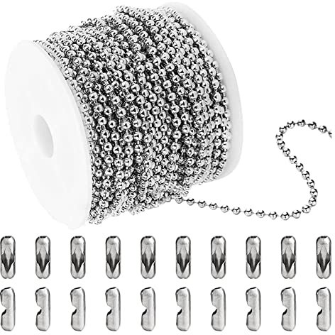 HugeDE 10m Stainless Steel Ball Chain Dog Tag Chain Ball Beaded Necklace Chains with 20 Pcs Matching Connectors Clasps for Jewelry Making 1.5mm