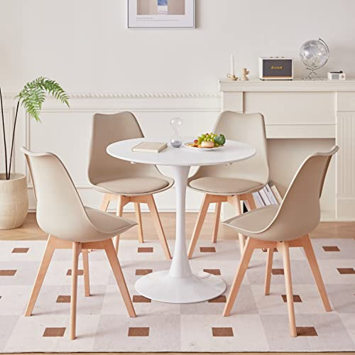 GrandCA HOME Esszimmer-Set mit Esstisch und 4 Esszimmerstühlen, Rundes Esstisch-Set 1 MDF-Weiß + 4 Moderne Beige Esszimmerstühle, für Küche, Esszimmer, Besprechungsraum