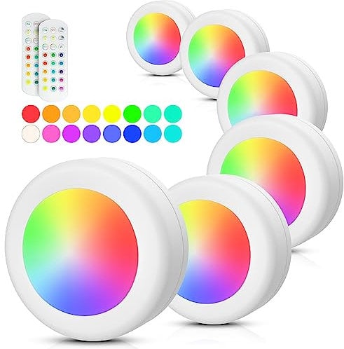 PURSNIC LED Puck Lights, RGB Wireless Closet Lights with Remote Control, Upgraded 16 Colours Changing Battery Operated Under Cabinet Night Light Timer, 6Pcs, Upgrade-16-rgb (White Shell) UCL00709AAA