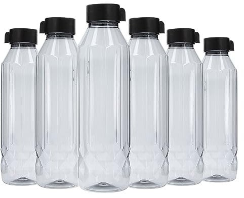 Plastic Water Bottles 6 Pack 900ml Juice Bottles Reusable Smoothie Drink Bottles W/Lids Fridge Door Storage Beverage Table Water Serving Bottle Screw Cap Out Sports Gym (Black-Diamond)