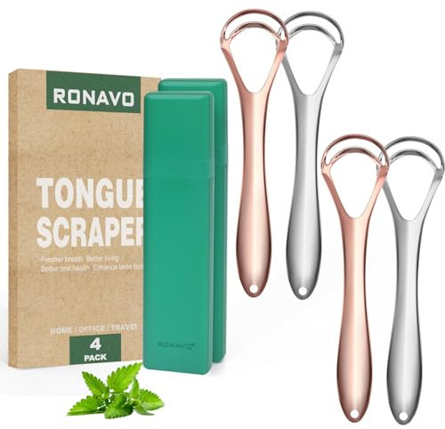 RONAVO Rascador de lengua para adultos (4 piezas), Rascador de lengua con doble cabezal de raspado con estuches de viaje, limpiador de lengua de acero inoxidable, aliento fresco, 2 colores