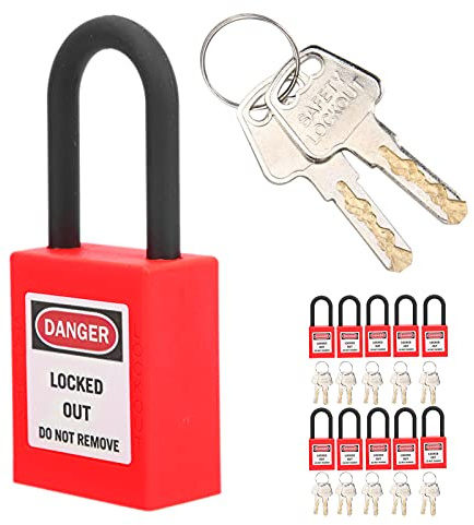 Candados de Bloqueo y Etiquetado de Nailon 38mm, 10 Juegos a Prueba de Polvo con Retención de Llave para Seguridad Industrial Eléctrica, Rojo