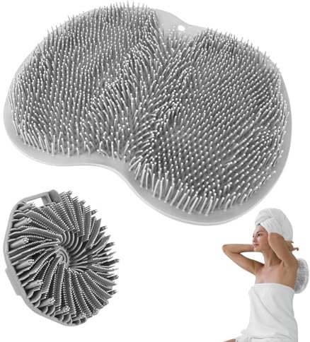 2 PCS Silicone Body Scrubber Brush, Bath Shower Brush with Hook and Back and Foot rub pad for All Kinds of Skins Well Lather and Quickly Dry, Grey