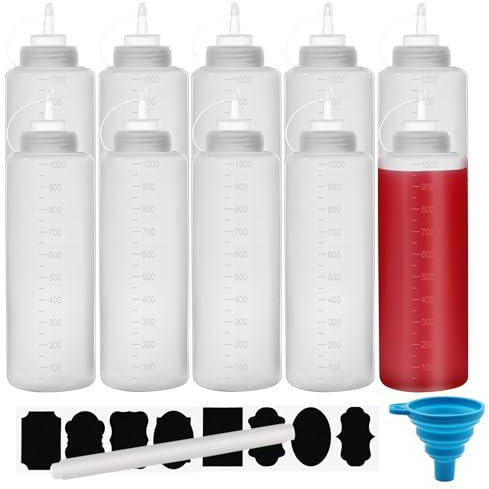 32oz Squeeze Bottle, Chetexus 10 Pack 1000ml Squeezy Sauce Bottles, Plastic Condiment Squeeze Dispensers with Measurements for Ketchup, BBQ, Sauces, Syrup, Dressings