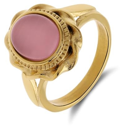 Lucardi - Damen Vergoldeter Vintage-Edelstahlring mit rosafarbenem Stein in Blütenform - Ring - Stahl - Gelbgold legiert - 16/50 mm - Nickelfrei