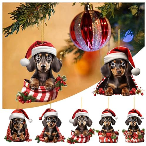 6 Stück Dackel Weihnachtsanhänger, Christbaumschmuck, Weihnachtsbaumschmuck, Christbaumanhänger aus Acryl, Weihnachtsdeko Hängend, Weihnachtsbaum Deko, Weihnachtsschmuck (6pcs)