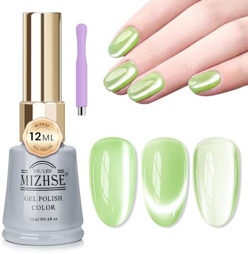 MIZHSE Cat Eye UV Cel Nagellack 12ml UV Gel Nagellack UV Moonlight Cateye UV Gel Nail Polish Cateye Magnet UV Nagellack Glitzer Cat Eye Cel 9D Holografisch Gellack UV Lack mit Magnetstift Grün