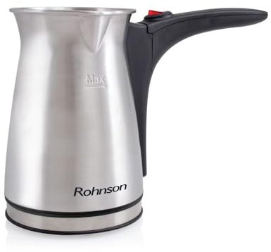 Rohnson Elektrischer Türkischer Kaffeekocher R-992-800W, 400ml Kapazität, 6 Tassen, Anti-Überlauf-Funktion, 360° Drehbare Kabellose Basis, Ideal für Mokka und Espresso, Edelstahl, Einfache Reinigung