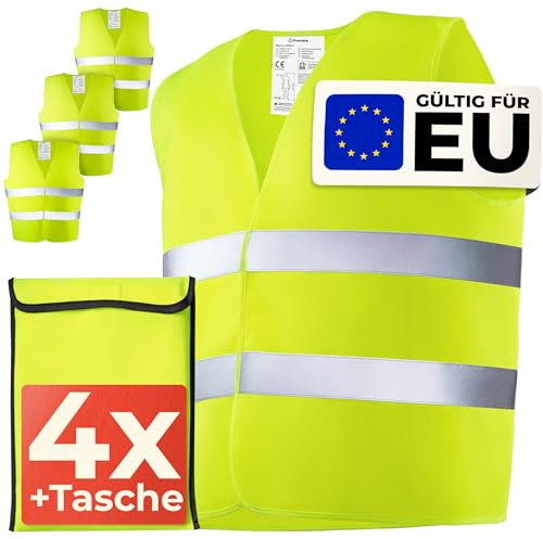 Prowiste 4 Warnwesten Auto Set mit Tasche – Geprüfte EN ISO 20471, Europaweit gültig – Ideal für Auto, BAU - Universalgröße - Gelb