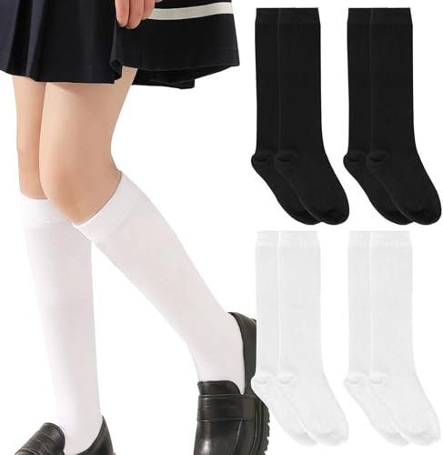 WiseJoy 4 piezas calcetines hasta la rodilla, Colegio Escolares Medias Largos Altos Algodón para Uniforme y Deporte, Calcetines Altos Niños, Medias de Algodón para Mujer Unisex