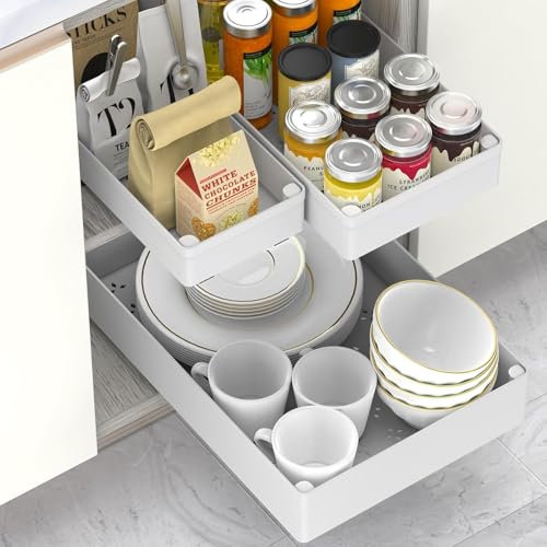 HASA zone Pack de 3 Cajones Extraibles para Cocina, 3 Tamaños de Cajon Telescopico Adhesivo, Organizador Cocina con Película Nanoadhesiva, para Cocina, Despensa y Baño, Blanco
