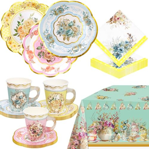 Tea Party Supplies Floral Party Dinnerware Tea Party Decorations 24 Paper Tea Cups and Saucers, Plates Napkins Tablecloth