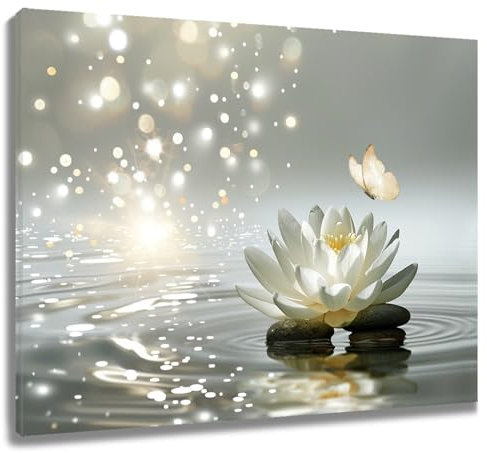 LB Wandbilder Zen-Blume Poster Seerose Blumen mit Schmetterling Wanddruck Graues Spa Yoga Entspannen Leinwand Bilder für Wohnzimmer Schlafzimmer Badezimmer Wand Deko,40x30cm Ungerahmt