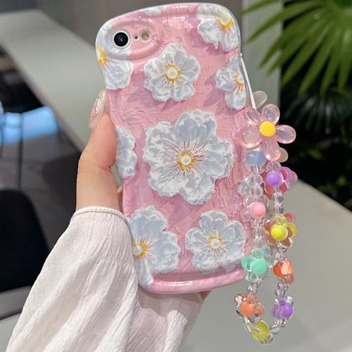for iPhone SE Case 2022/2020 iPhone 8/7 Curly Wavy Case, Cute Colorful Retro Oil Painting Flower Glossy Pattern [with Bead Chain], Slim Fit Shockproof Protective Cover for Girls Women, Pink