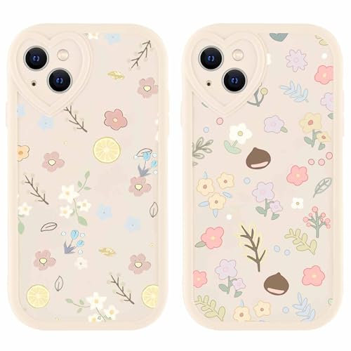 Olgary 2 Pièces Coque pour Apple iPhone 13 6,1, Fleur Motif Aesthetic Amusante Housse de Design en Forme de Coeur Étui pour Filles Cases Protection Bumper Cover