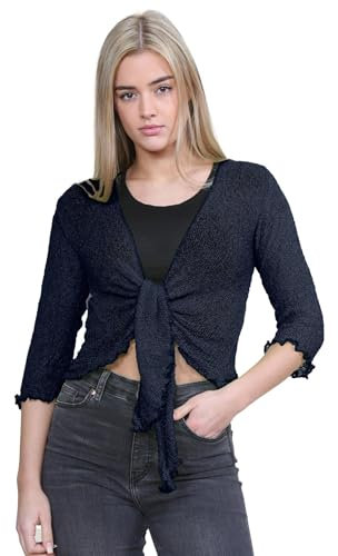 janisramone® Women s Shrugs, Double Fine Knit 3/4 Sleeve Tie Front Top, Bolero Cardigans for Women, Stretchy Cropped Cardigan, Lightweight Summer Shrug, Ladies Evening Tops Navy
