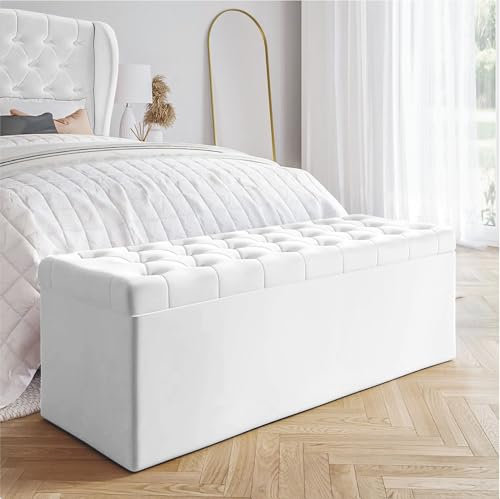 AZ Interiors Royal Furniture 90cm Wide Chesterfield Ottoman Storage Bench, Plush Velvet Bench with Storage, End of Bed Bench, Velvet Upholstered Coffee Table, Entryway Bench (White Velvet)