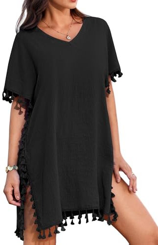 AI'MAGE Strand Coverup Tunika Bikini Damen Strandkleid Sommer Strandtunika Kurzarm Strandponcho Sommerkleider, Schwarz, 3XL