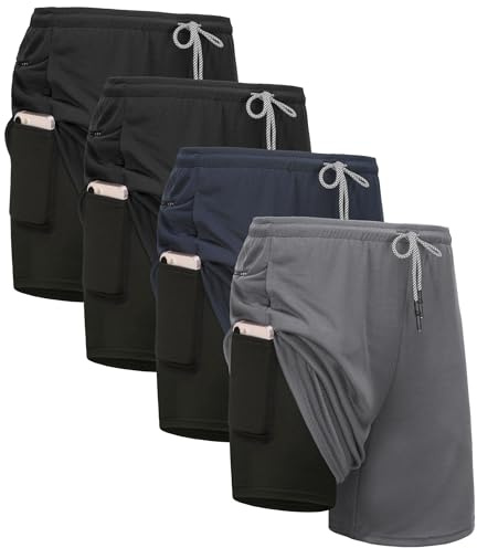 Kinglaman 4 Pack Mens 2 in 1 Running Workout Shorts with Liner, Gym Athletic Quick Dry Sport Shorts with Pockets 2 Black 1 Blue 1 Gray Large