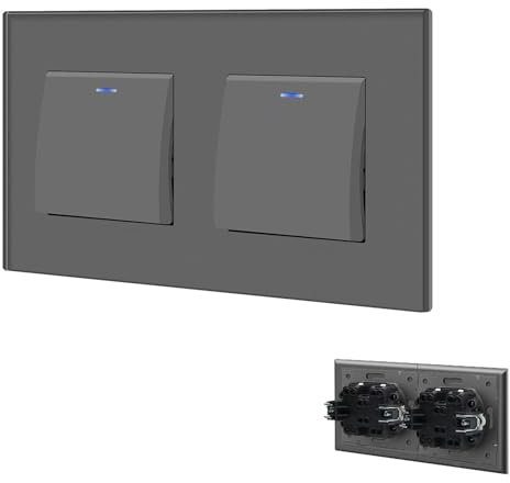 BSEED Interruptor de Cristal 1 Gang 2 Vías + 1 Gang 2 Vías, Interruptor Pulsador Empotrable con Indicador Luminoso LED, Interruptor de Pared para Salón, Oficina, Cocina -Gris