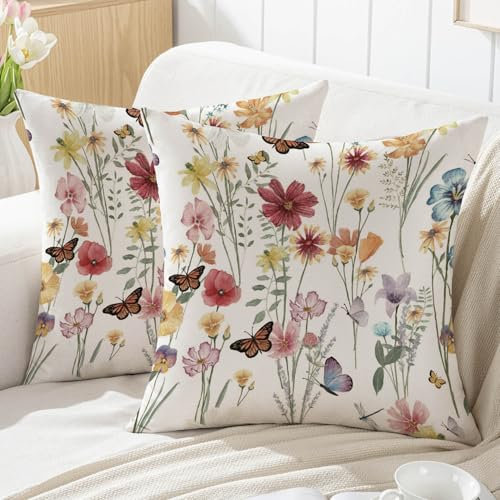 Jayusaror Kissenbezug 45x45 Frühling Bunte Blumen Blätter Outdoor Sofakissen Landhausstil Kissenhüllen Dekokissen Kissen Couchkissen Kissenbezüge Zierkissenbezug Garten Sofa Deko，2er Set