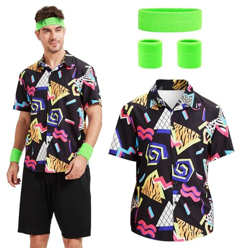Hippie Kleidung 70er 80er 90er Jahre, Hippie Kostüm Herren, Karneval Kostüme Lustig, Karnevalskostüme Männer Bekleidung Disco Accessoires mit Stirnband/Armband/Hemd Fasching Party Zubehör (XL)
