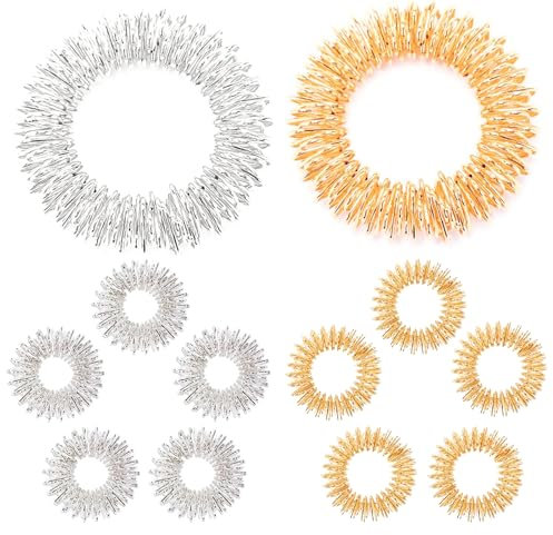 WOLMIK 12 Stück Finger Massageringe und Massage Armbänder (10 Ringe, 2 Armbänder), Akupressur Ringset für Jugendliche, Erwachsene, Stressreduzierer und Finger Handgelenk Massagegerät - Gold, Silber