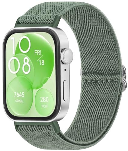 Amzpas Armband Kompatibel mit Huawei Watch Fit 3 Armbänder für Damen Herren, Nylon Uhrenarmband, Solo Loop Elastisch Stoff Sport Ersatzarmband für HUAWEI Watch FIT 3, Grün