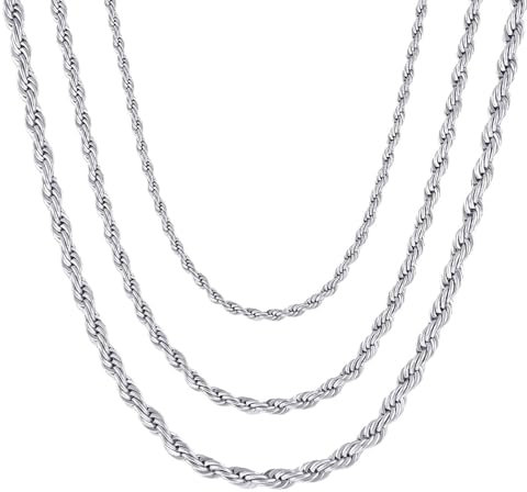 SnKaoyT 3 Pezzi Collana da Uomo Donna Corda Collana Maglia Catena Twisted Argento Catena di Corda Intrecciata Collegamento in Acciaio Inossidabile Larghezza 3 MM Lunghezza 40-50 CM