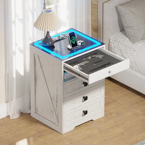 Gurexl LED Bedside Table with Hidden Drawer, Glass Top Bedside Table with Wireless Charger Station, LED Night Stand with Human Sensor Design, Modern End Table for Bedroom Living Room (White)