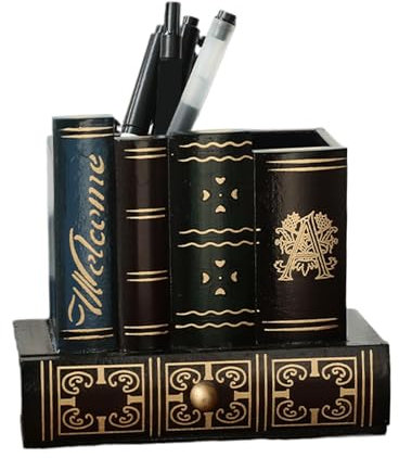 Bibliothèque de porte-stylo en bois en forme, ancienne crayon décoratif de bibliothèque de livres de bibliothèque et porte-stylo, livres de bibliothèque antique conception de conception de stylo