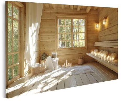 islandburner Bild auf Leinwand Gemütliches hölzernes Saunainterieur mit Kerzenlicht für Sauna Wellness-Enthusiasten Spa Bilder Wandbilder Poster