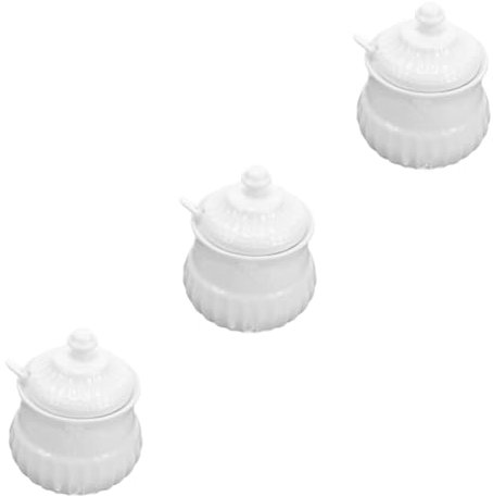 Gatuida 3 Pezzi Zuccheriera in ceramica con cucchiaino ermetico zuccheriera da appoggio saliera sciroppo cucine caffe jar barattolo di sale in ceramica Pentola per condimenti bianca