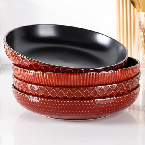 GBHOME Steinzeug 4er-Set 1250 ml(42oz) große Nudelschalen, Salatschüsseln mit Strukturmuster für Küche, Pasta, Obst, Eintöpfe, Nudeln, Einweihungsgeschenk, spülmaschinenfest und stapelbar