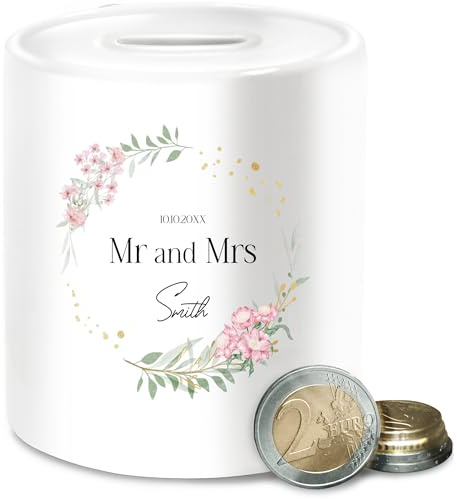 Spardose - Hochzeit - Mr and Mrs Name Blumen - Unisize - Weiß - personalisierte hochzeitsgeschenke geldgeschenk für hochzeitspaar Hochzeitstag & Married hochzeitsspardose Wedding und