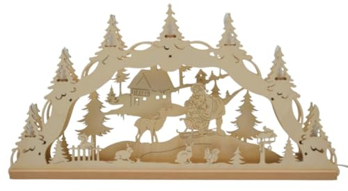 Erzwelt - Lichterbogen ELB – Motiv Weihnachtsmann mit Schlitten & Reh | 32 x 56 x 5 cm – Schwibbogen aus Holz – Leuchtbogen mit 7 Kerzen – Original Erzgebirge Fensterbogen – Weihnachtsdeko