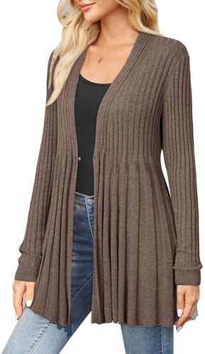 Arach&Cloz Cardigans for Women UK Wool Blend Waterfall Ladies Ribbed Cardigan Long Sleeve Knitwear for Casual Business Coffee, M