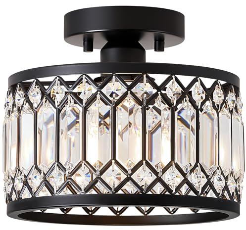 Vikaey Crystal Black Ceiling Light,Modern Semi Flush Mount Ceiling Lighting Fixture,Round Hallway Lighting Fixtures Chandelier for Kitchen Entryway Bedroom Dining Room,1-Light,9.06 in