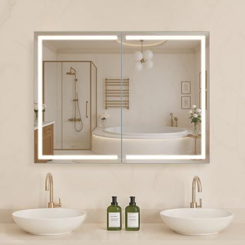 VEVOR Armoire Murale Salle de Bain 60x80 cm, Armoire de Toilette avec Miroir HD et LED 3 Couleurs à Intensité Variable, avec Fonction Mémoire, Étagère de Rangement Réglable, Prises et Ports USB