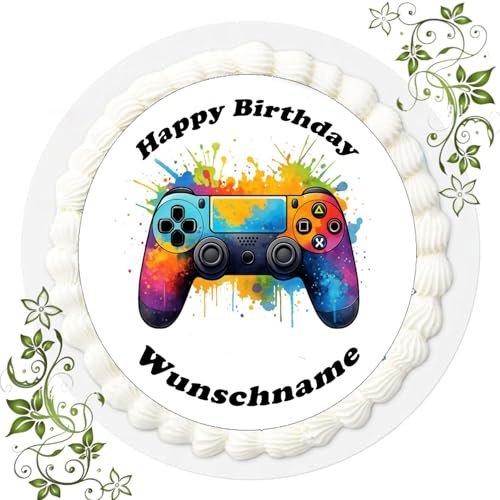 Personalisierter Tortenaufleger Ihr Wunschname und Zahl Zuckerbild mit Motiv Essbares Foto für Torten Tortenbild, Tortenaufleger Ø 20cm FONDANT gebrauchsfertig Motive Gaming Gamer Nr. W 9