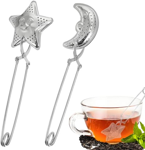 2 Stück Teesieb für Losen Tee, 304 Edelstahl Teeei mit Klappgriff, Star und Mondförmige Teaballs, Silber Teefilter, Teezange für Losen Tee, Rose, Kaffee, Gewürze