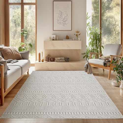 SIMPEX Teppich 140x200 cm Creme Vintage Design Bouclé Schlingenflor Skandi Stil Modern Superweich Robust Pflegeleicht für Wohnzimmer Schlafzimmer Esszimmer Kinderzimmer Jugendzimmer