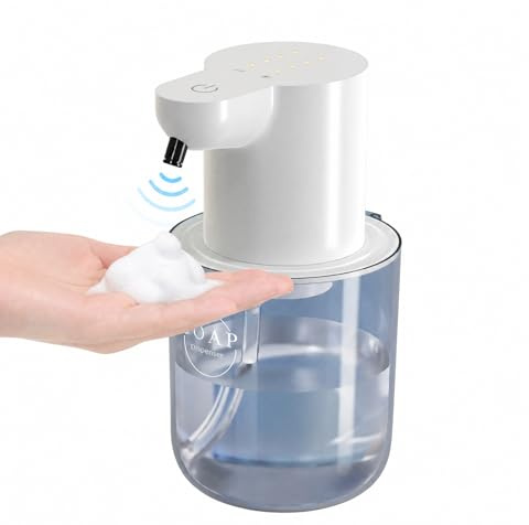 Schaumseifenspender Automatisch 400ml, Elektrischer Seifenspender mit Sensor, Seifenspender Wandmontage Ohne Bohren, 4 Stufen, USB Aufladbar Seifenschaumspender für Bad Küche, Weiß