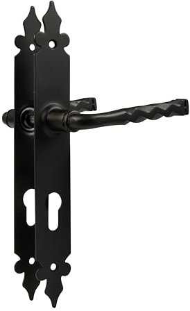 Amig - Set di maniglie Mod. 106PB | 270 x 36 mm | Maniglia in Zamak con placca in acciaio | Finitura nera | Include bocchetta Europrofilo | Quadrato da 8 mm | Stile rustico forgiato a mano