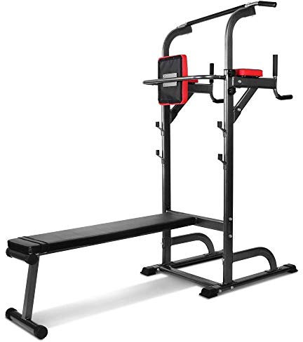 Pull Up Fitness - Barre de Traction avec Chaise Romaine et Banc Musculation, Noir/Rouge